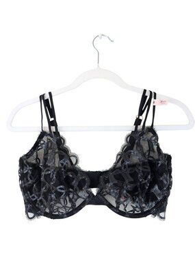 Victoria's Secret Black Bra Shimmer Hearts Lace Unlined Underwrire Size 36DD (E)